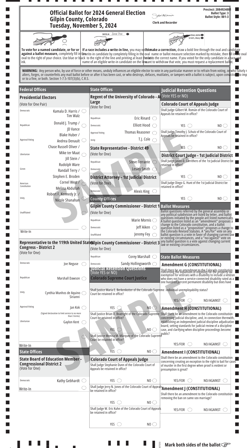 Front of black hawk sample ballot gilpin county